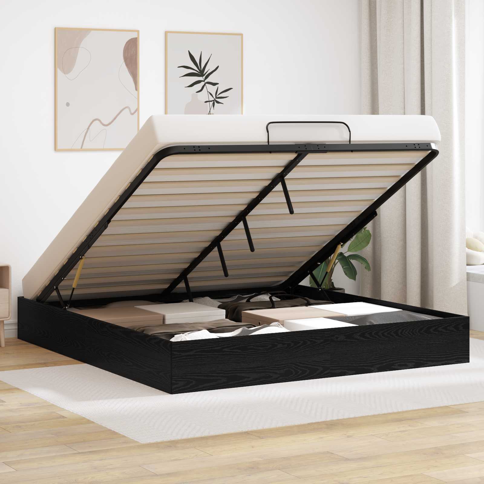 Letto ottomano con archiviazione Rovere Nero 203 x 160 x 25 cm | homemem39