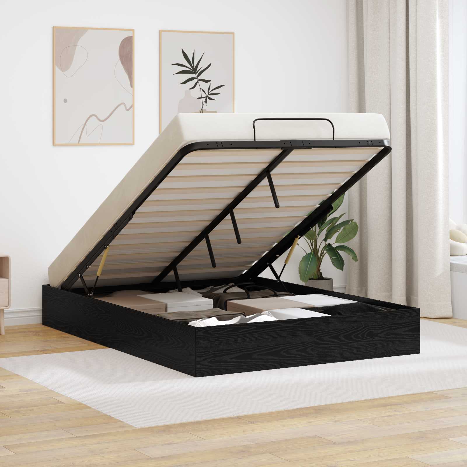 Letto ottomano con archiviazione Rovere Nero 193 x 135 x 25 cm | homemem39