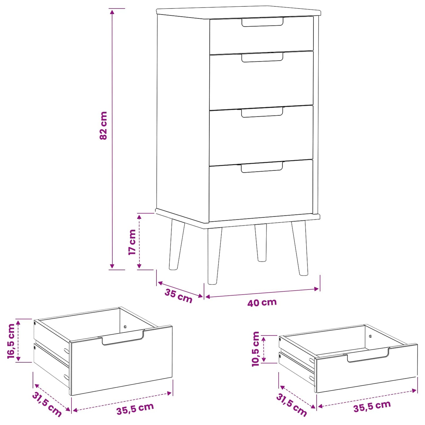 Cassettiera MOLDE Nero 40 x 35 x 82 cm Legno Massello di Pino | homemem39