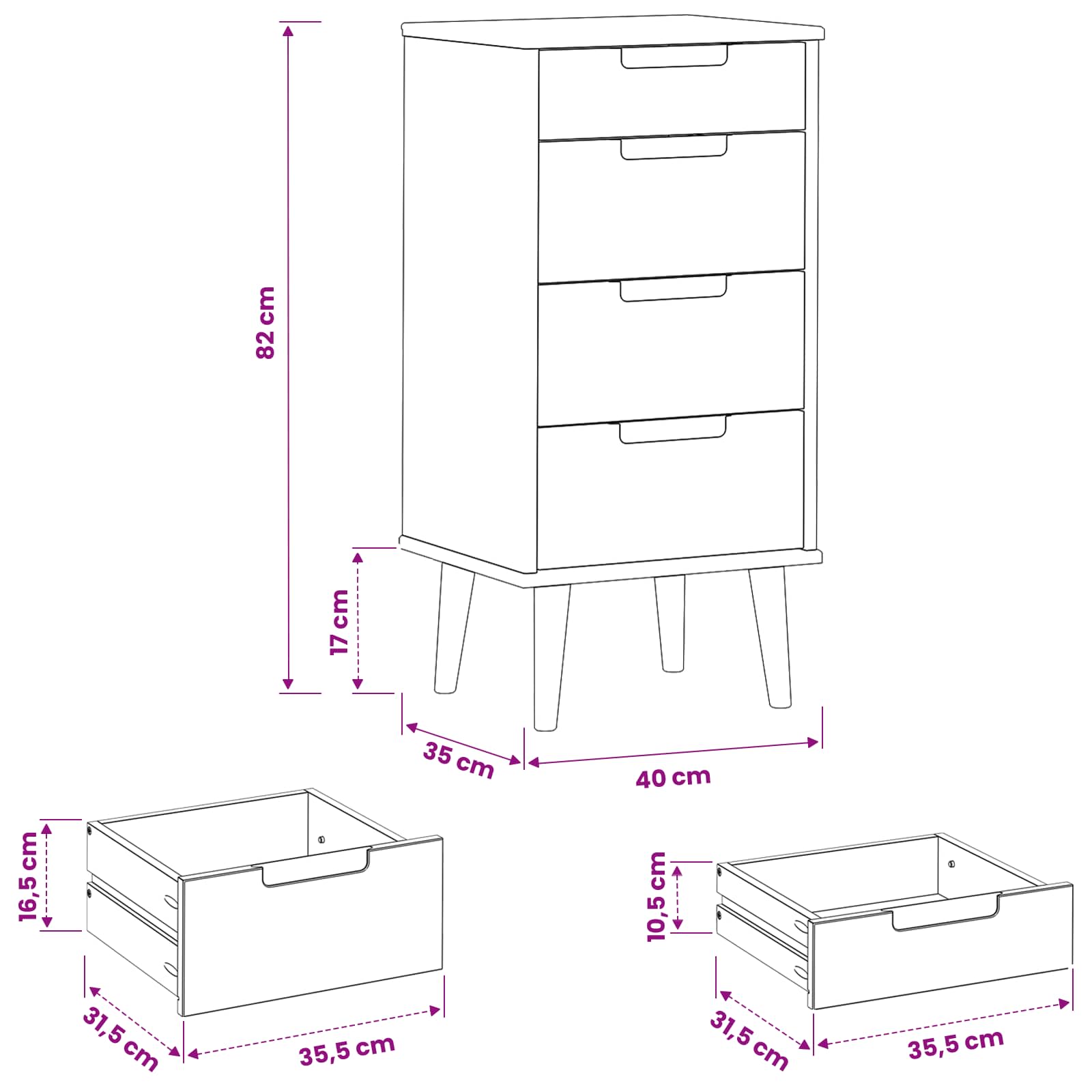 Cassettiera MOLDE Nero 40 x 35 x 82 cm Legno Massello di Pino | homemem39