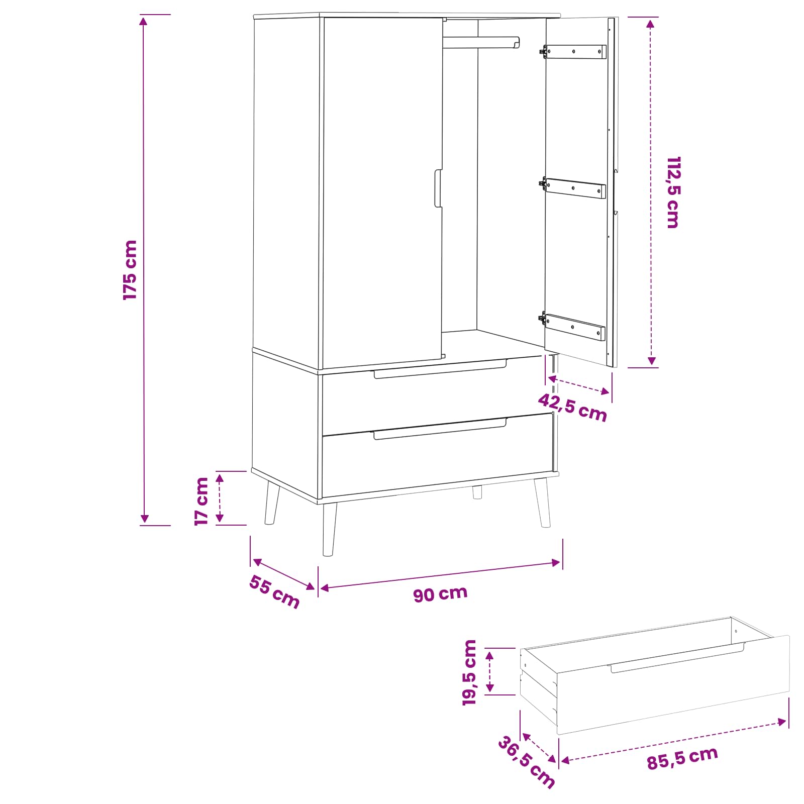 Guardaroba MOLDE Nero 90 x 55 x 175 cm Legno Massello di Pino | homemem39