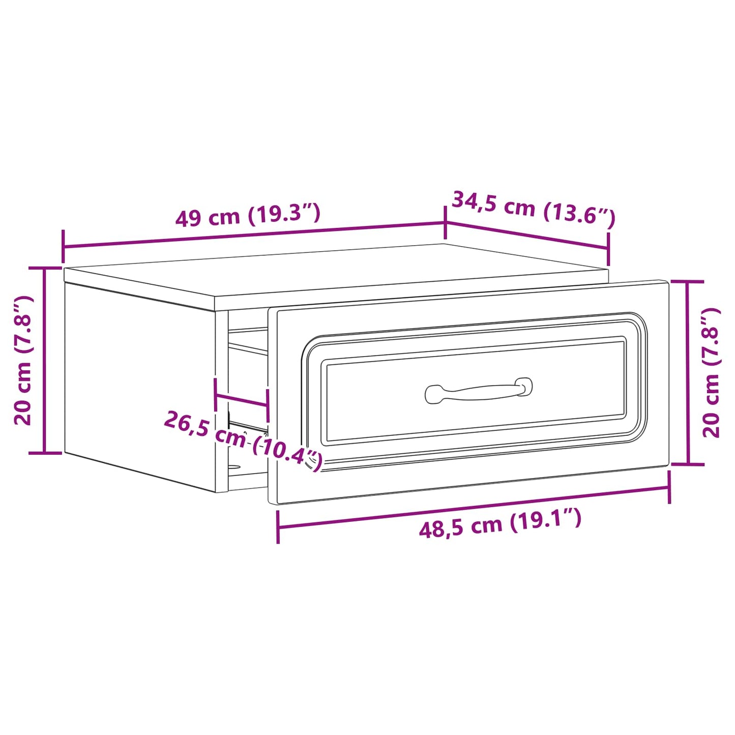 Mobiletto da notte a muro con cassetto Nero 49 x 34,5 x 20 cm | homemem39