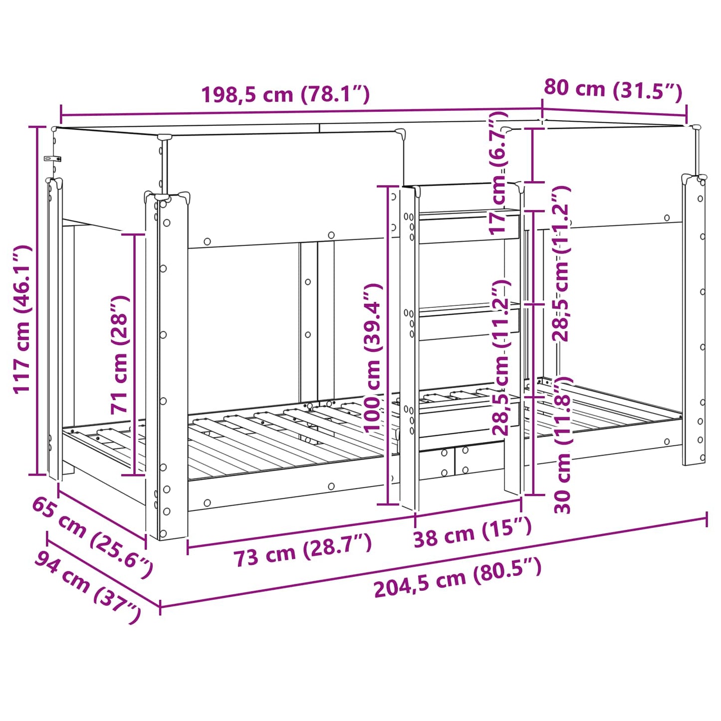 Letto a Castello per Bambini Rovere artigianale 90 x 200 cm