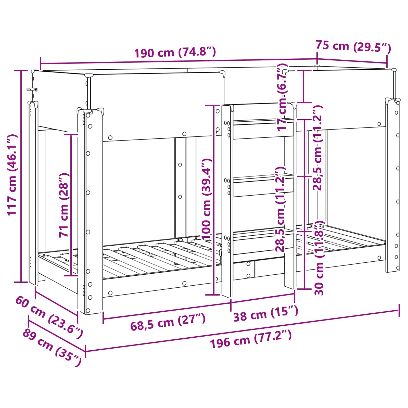Letto a Castello per Bambini Grigio cemento 75 x 190 cm | homemem39