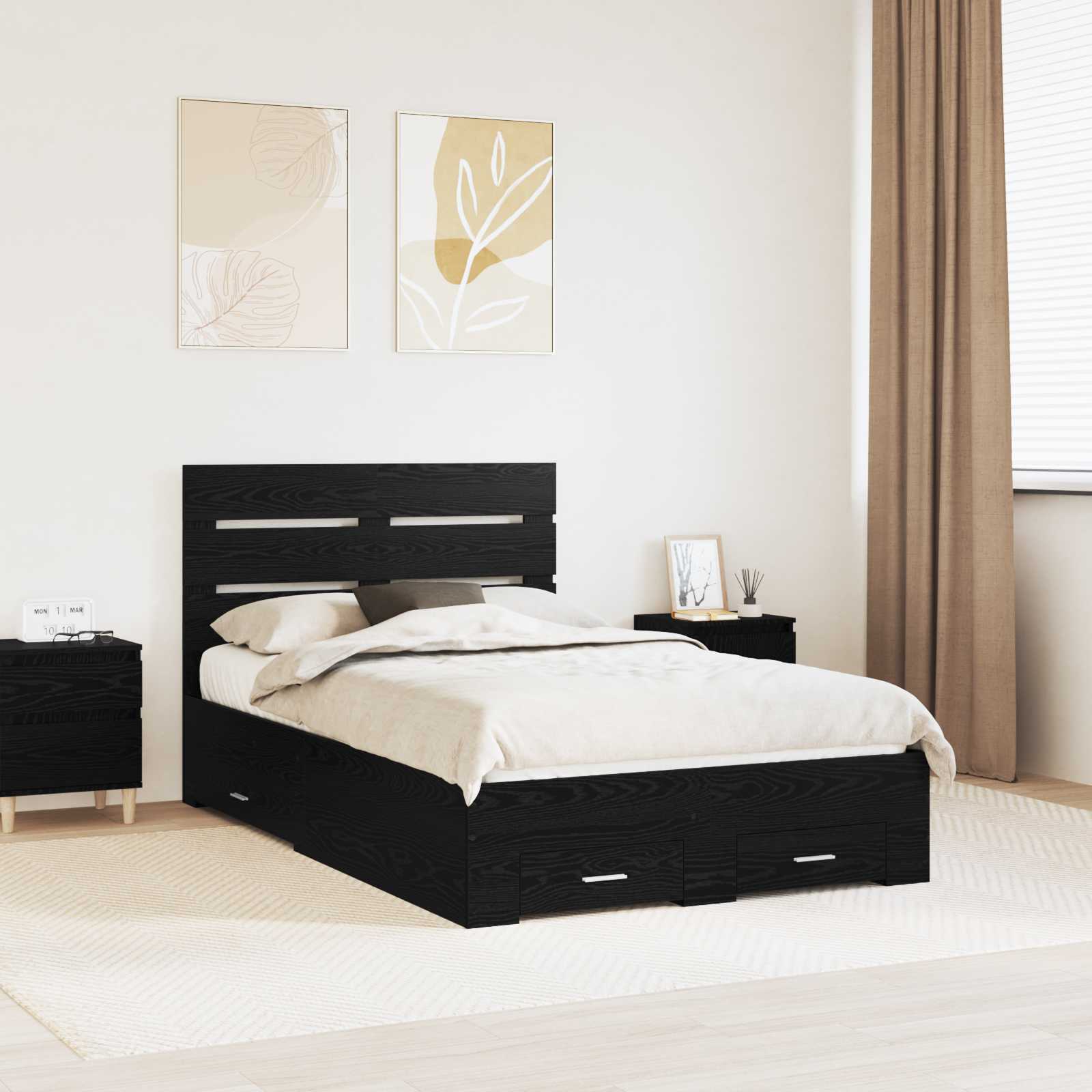 Struttura del letto Rovere Nero 135 x 190 cm Legno multistrato | homemem39