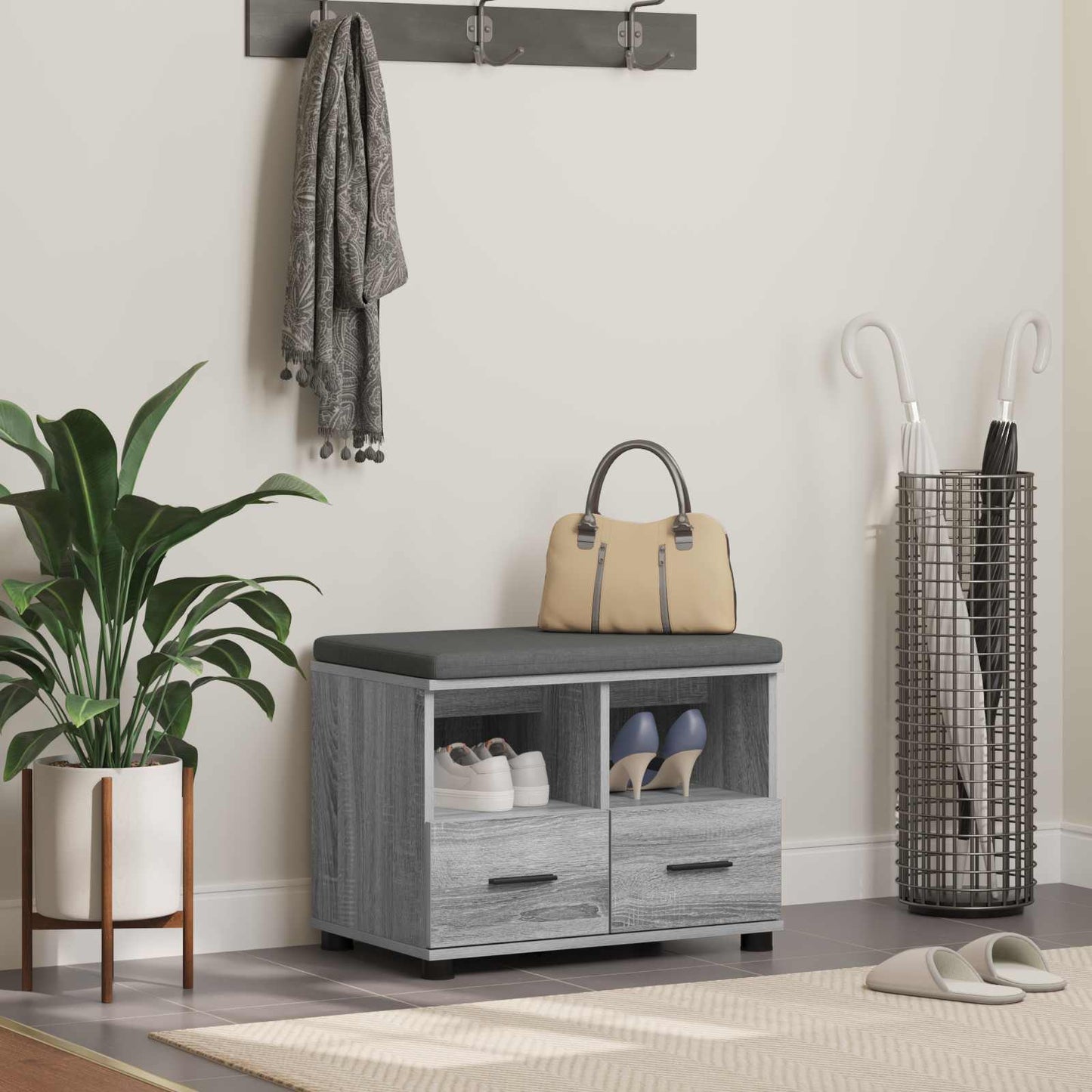 Panca per ingresso con cuscino Grigio Sonoma 60 x 38 x 46 cm