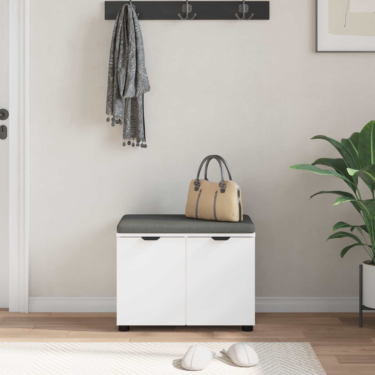 Panca per ingresso con cuscino con porta Bianco 60 x 38 x 46 cm