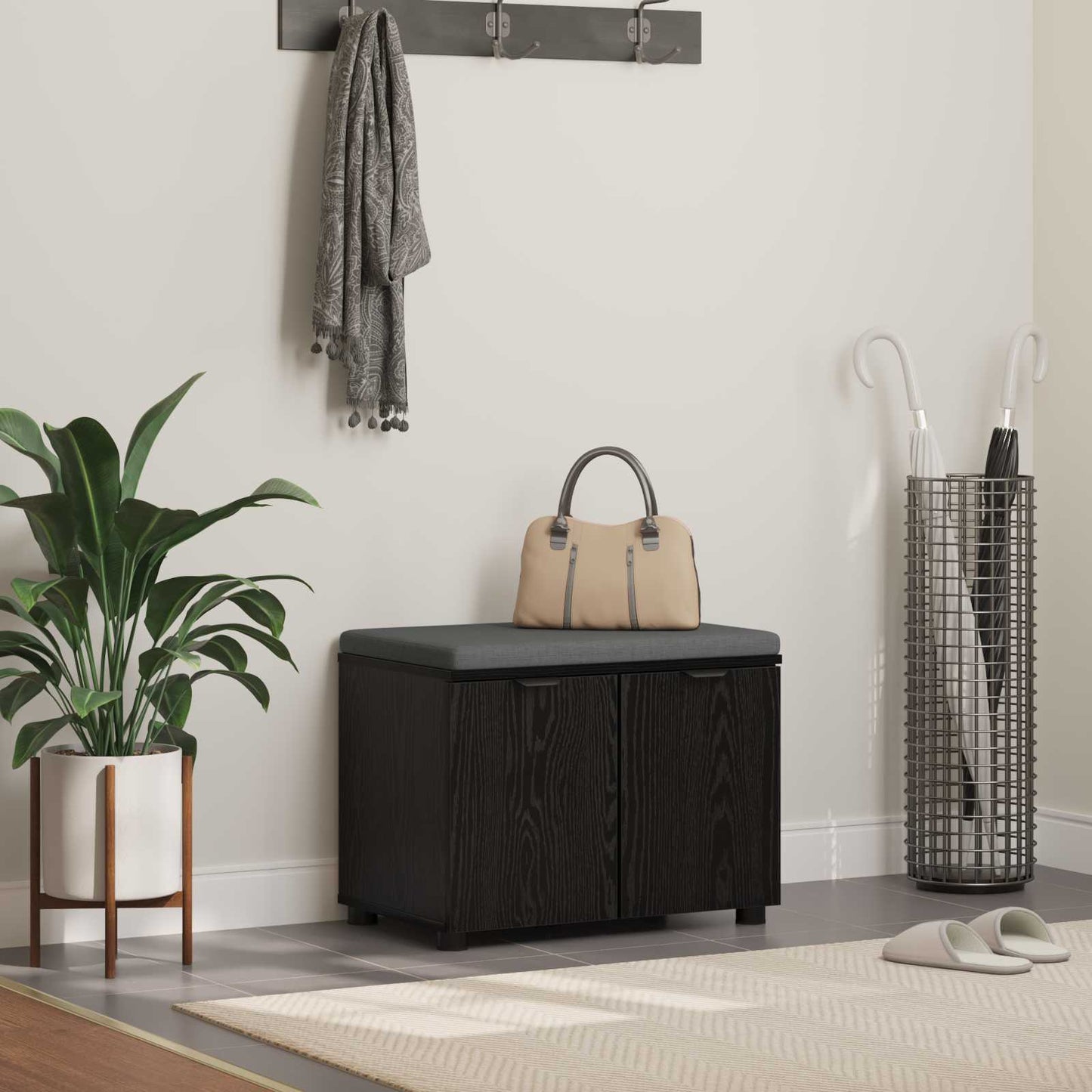 Panca per ingresso con cuscino Rovere Nero 60 x 38 x 46 cm