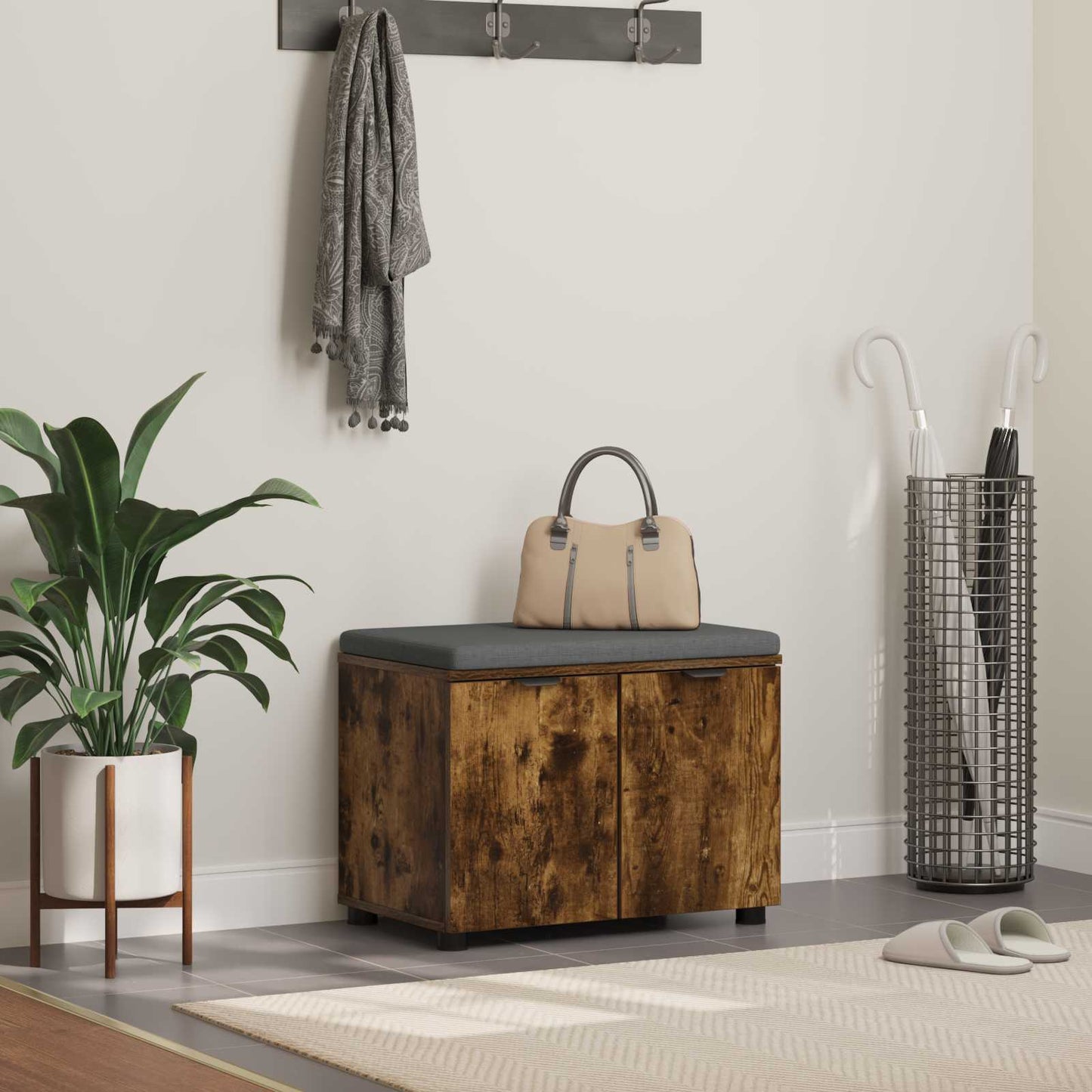 Panca per ingresso con cuscino Rovere fumé 60 x 38 x 46 cm