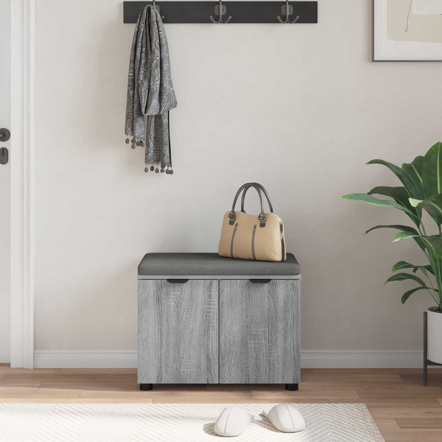 Panca per ingresso con cuscino Grigio Sonoma 60 x 38 x 46 cm