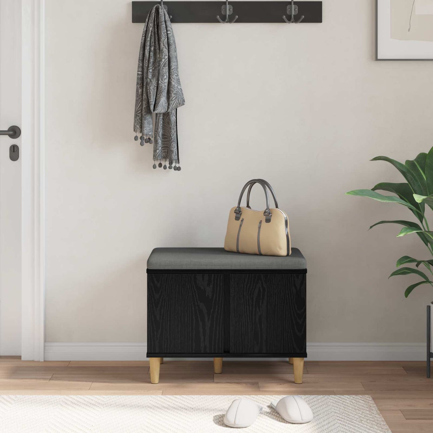 Panca per ingresso con cuscino Rovere Nero 60 x 38 x 46 cm