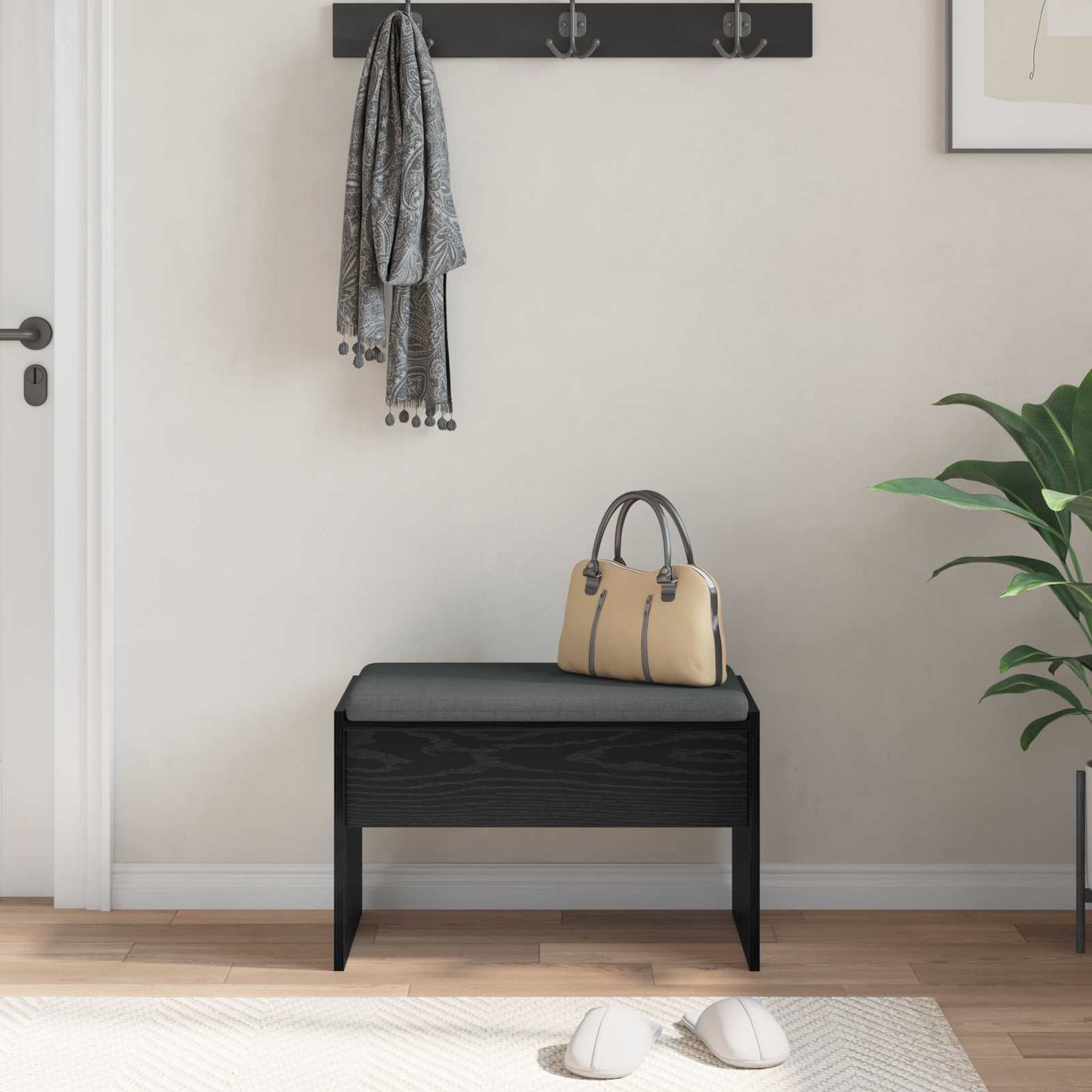 Panca per ingresso con cuscino Rovere Nero 63 x 38 x 40 cm | homemem39