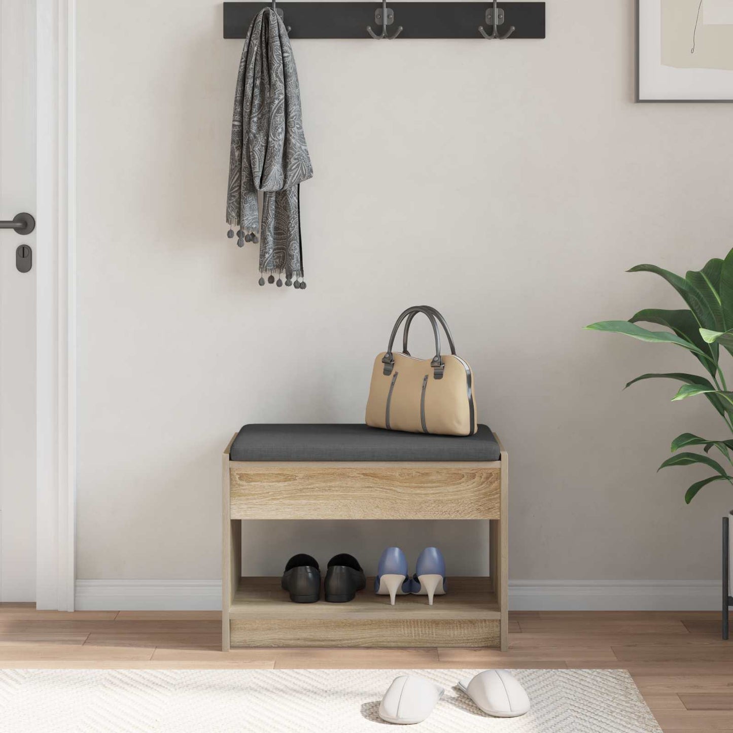Panca per ingresso con cuscino Rovere Sonoma 63 x 38 x 45 cm | homemem39