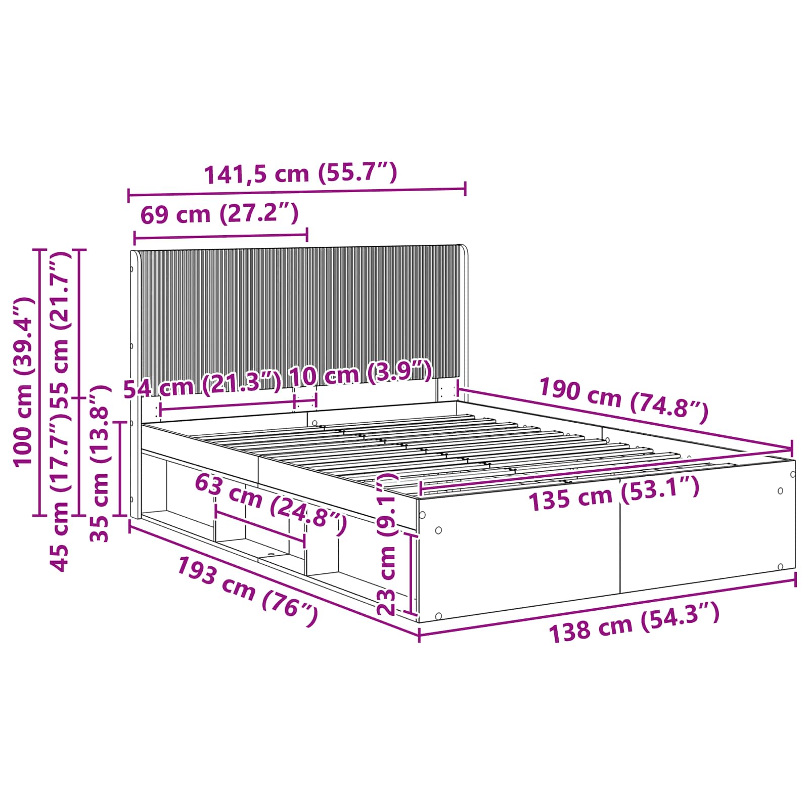 Struttura del letto con stoccaggio e testata Nero 135 x 190 cm | homemem39