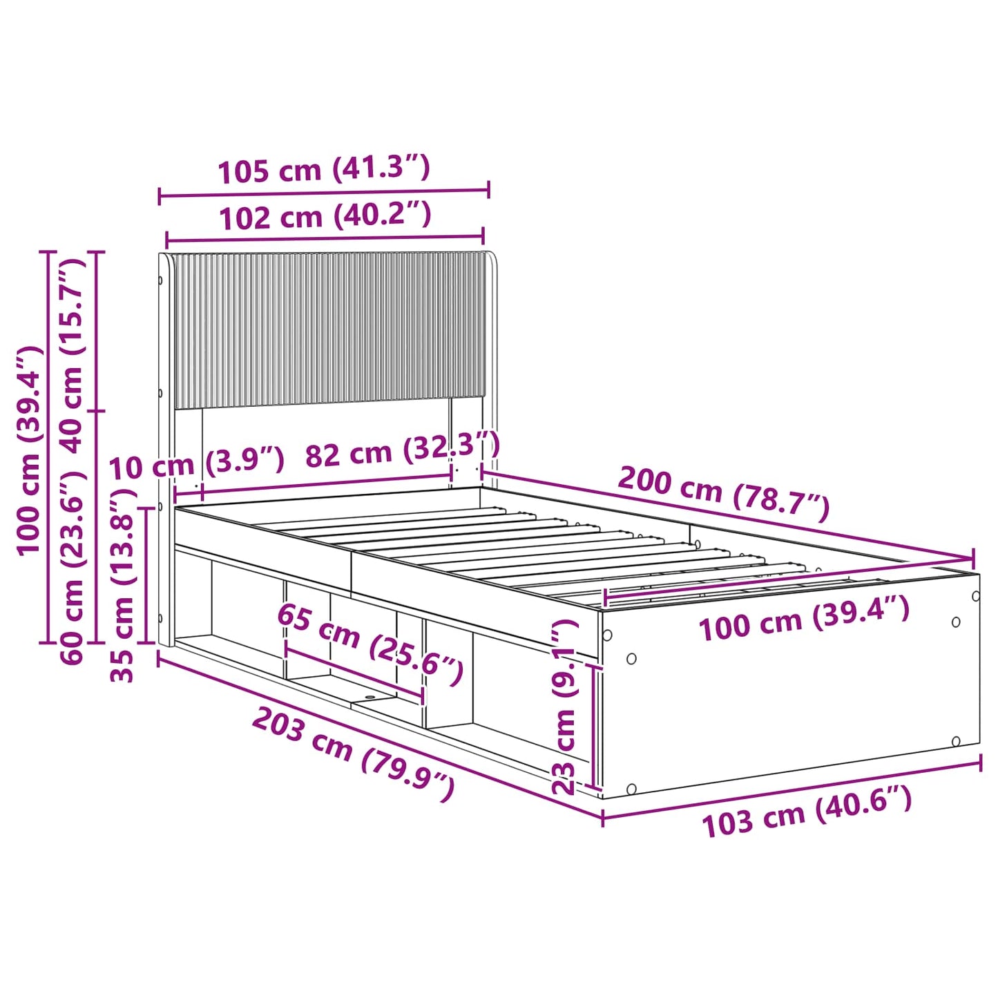 Struttura del letto con stoccaggio e testata Nero 100 x 200 cm | homemem39