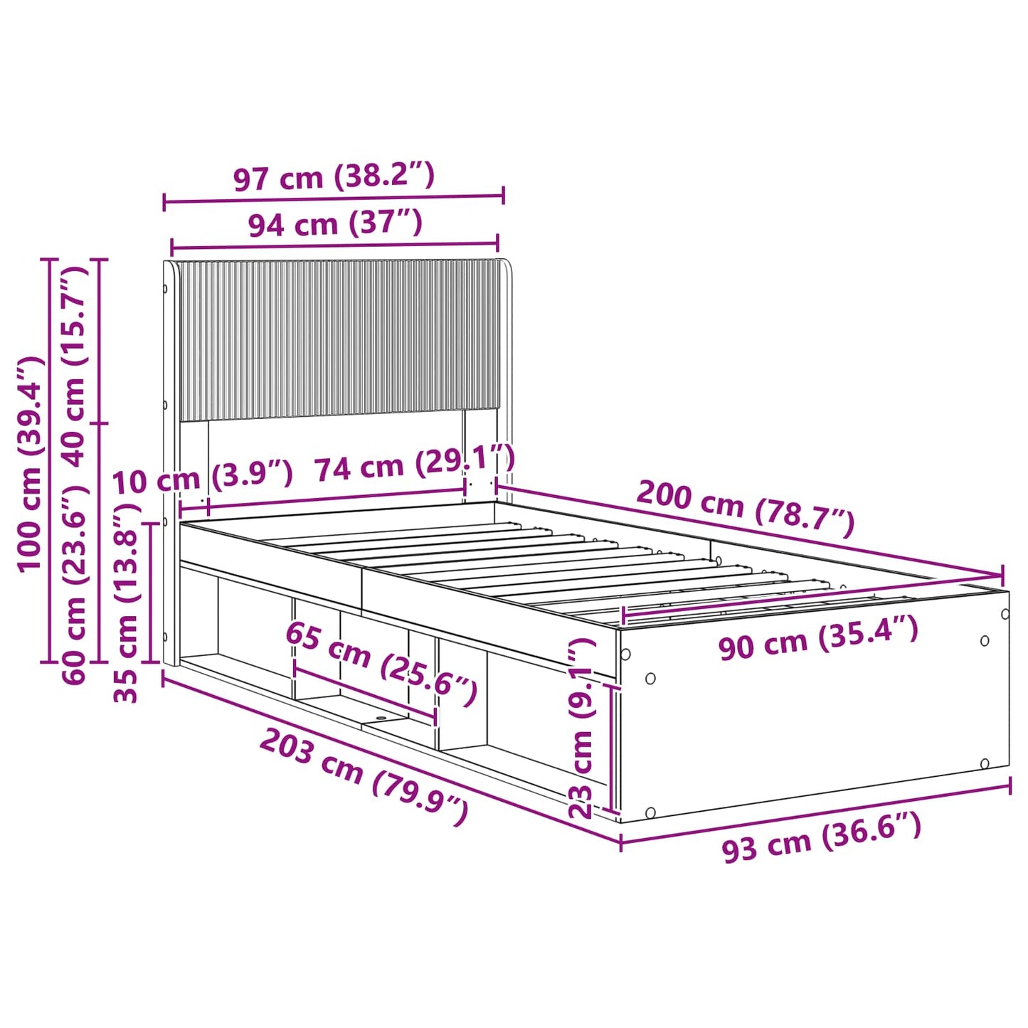 Struttura del letto con stoccaggio e testata Nero 90 x 200 cm | homemem39