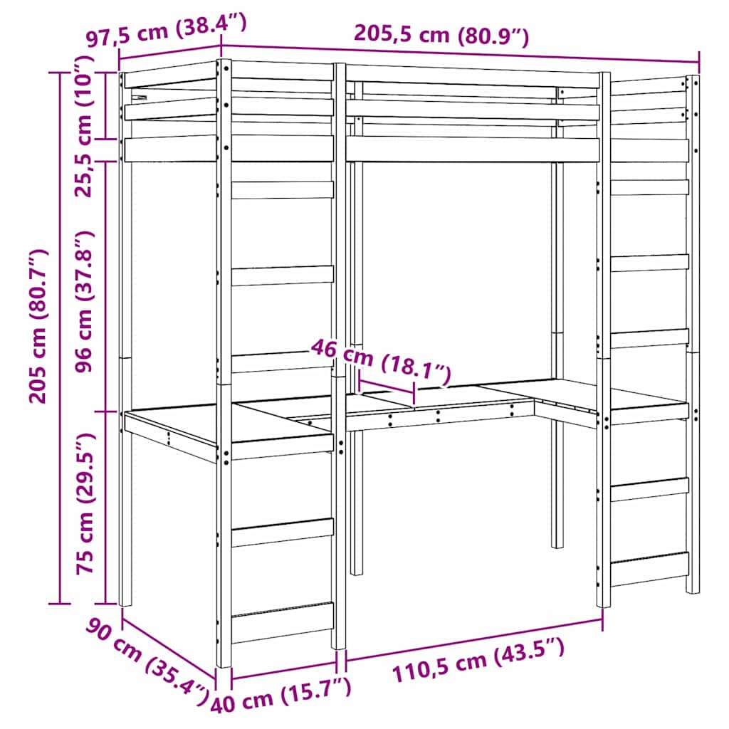 Struttura per letto soppalco Bianco 90 x 200 cm Pino massello | homemem39