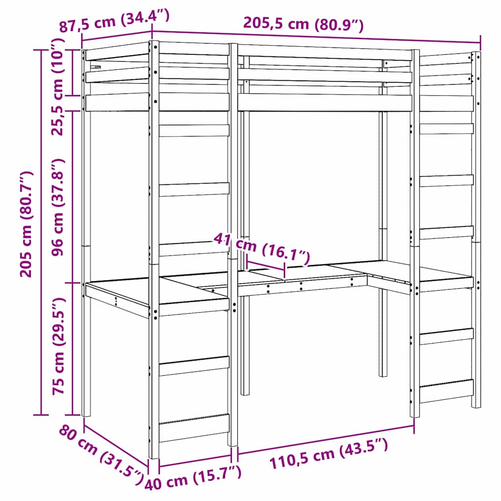 Struttura per letto soppalco Naturale 80 x 200 cm Pino massello | homemem39