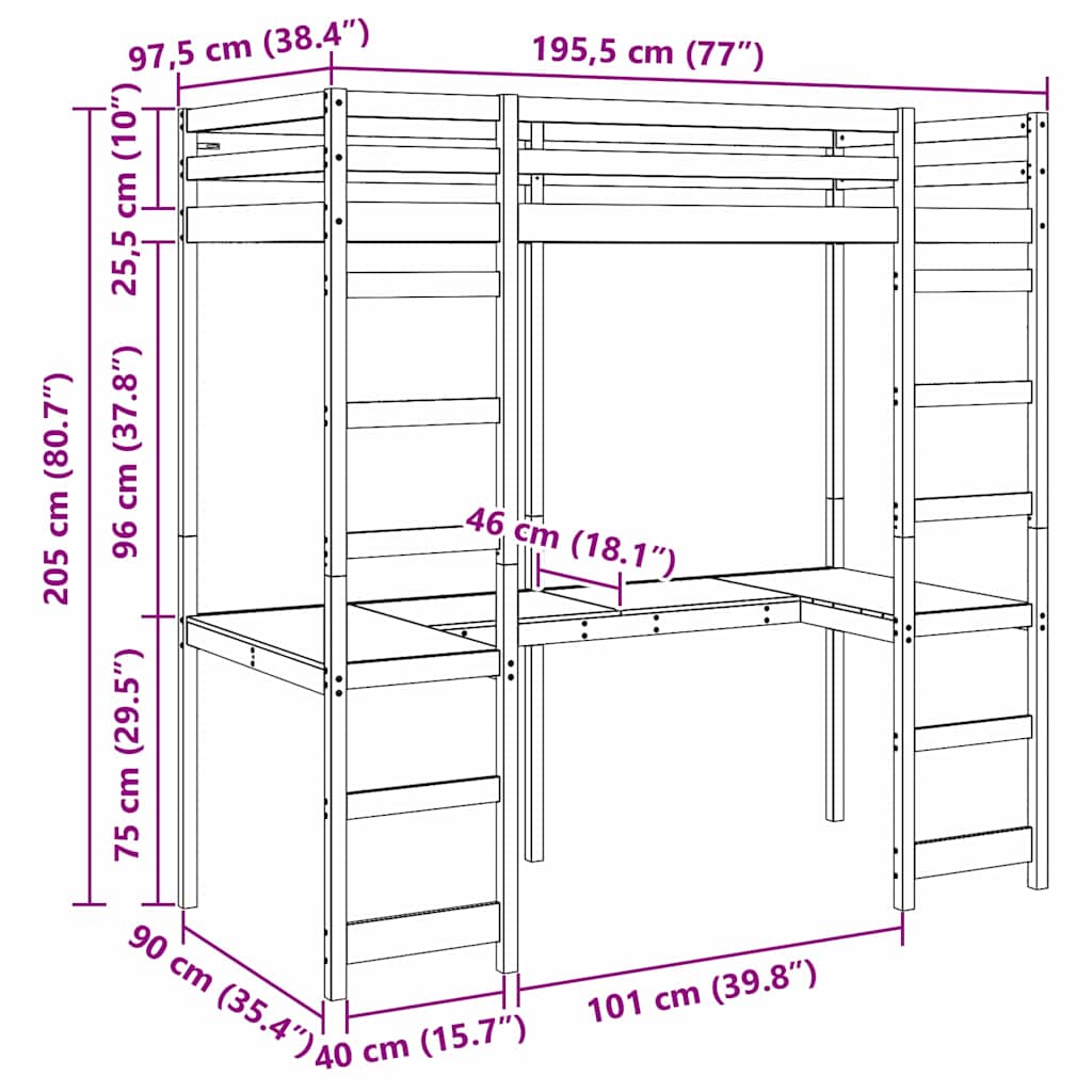 Struttura per letto soppalco Bianco 90 x 190 cm Pino massello | homemem39