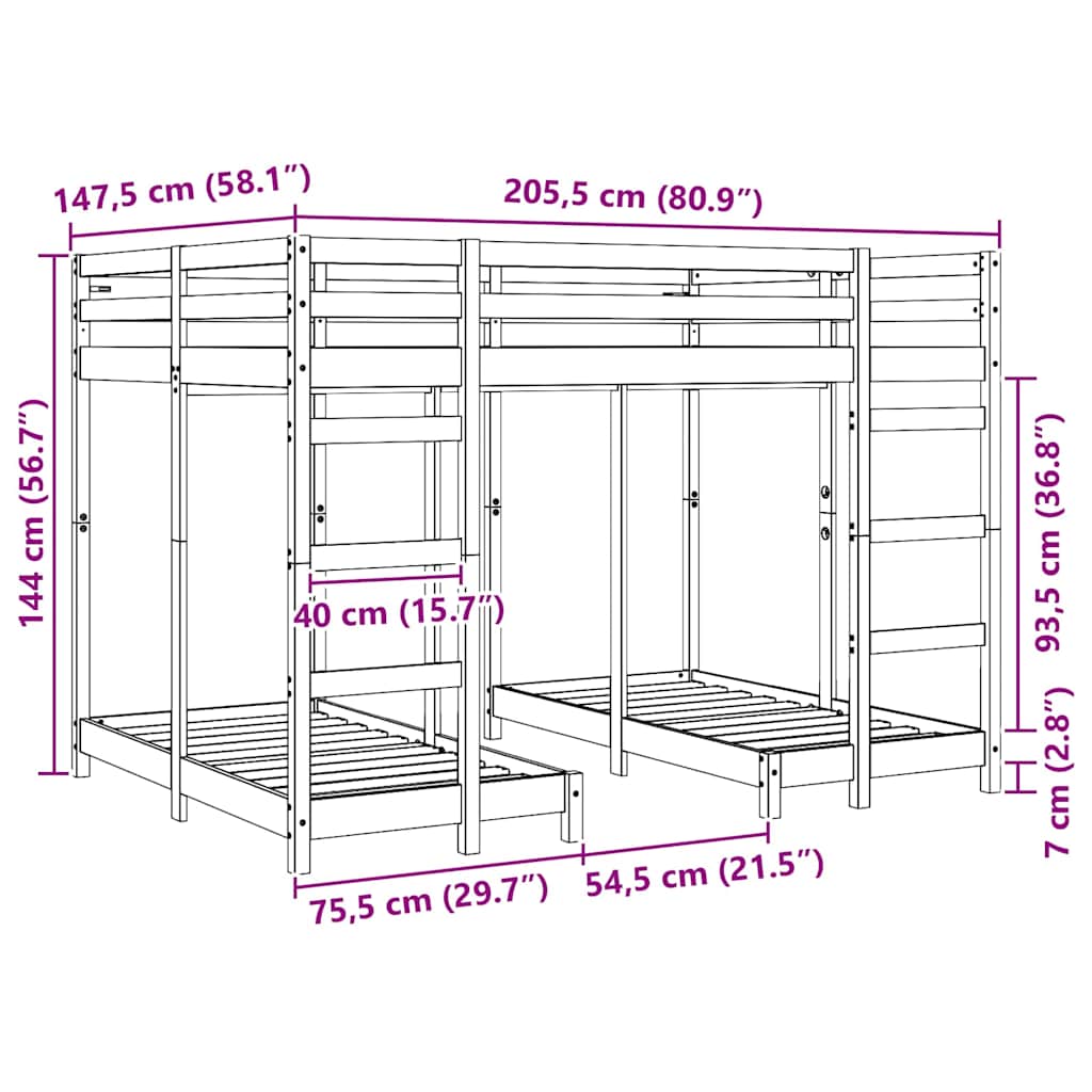 Struttura letto a castello triplo Bianco 140 x 200 cm | homemem39