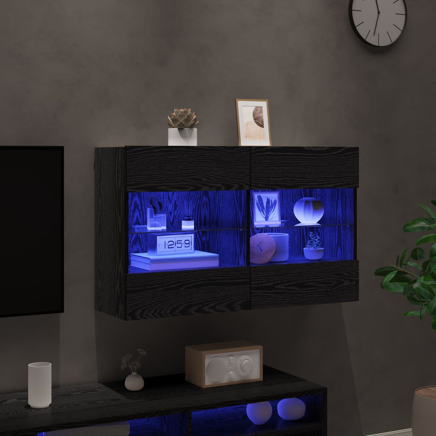 Mobile TV da parete con LED Rovere Nero 98,5 x 30 x 60,5 cm | homemem39