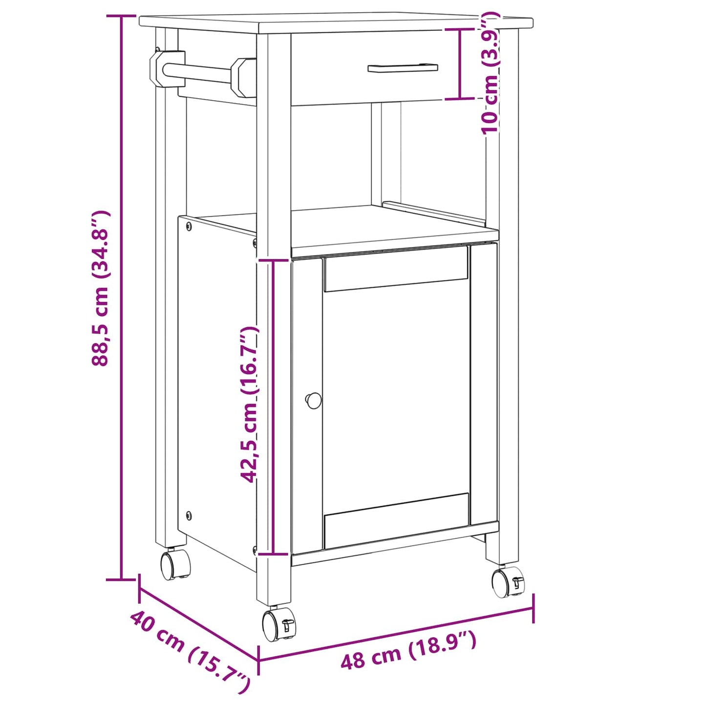 Carrello da Cucina Nero 88,5 x 40 x 48 cm