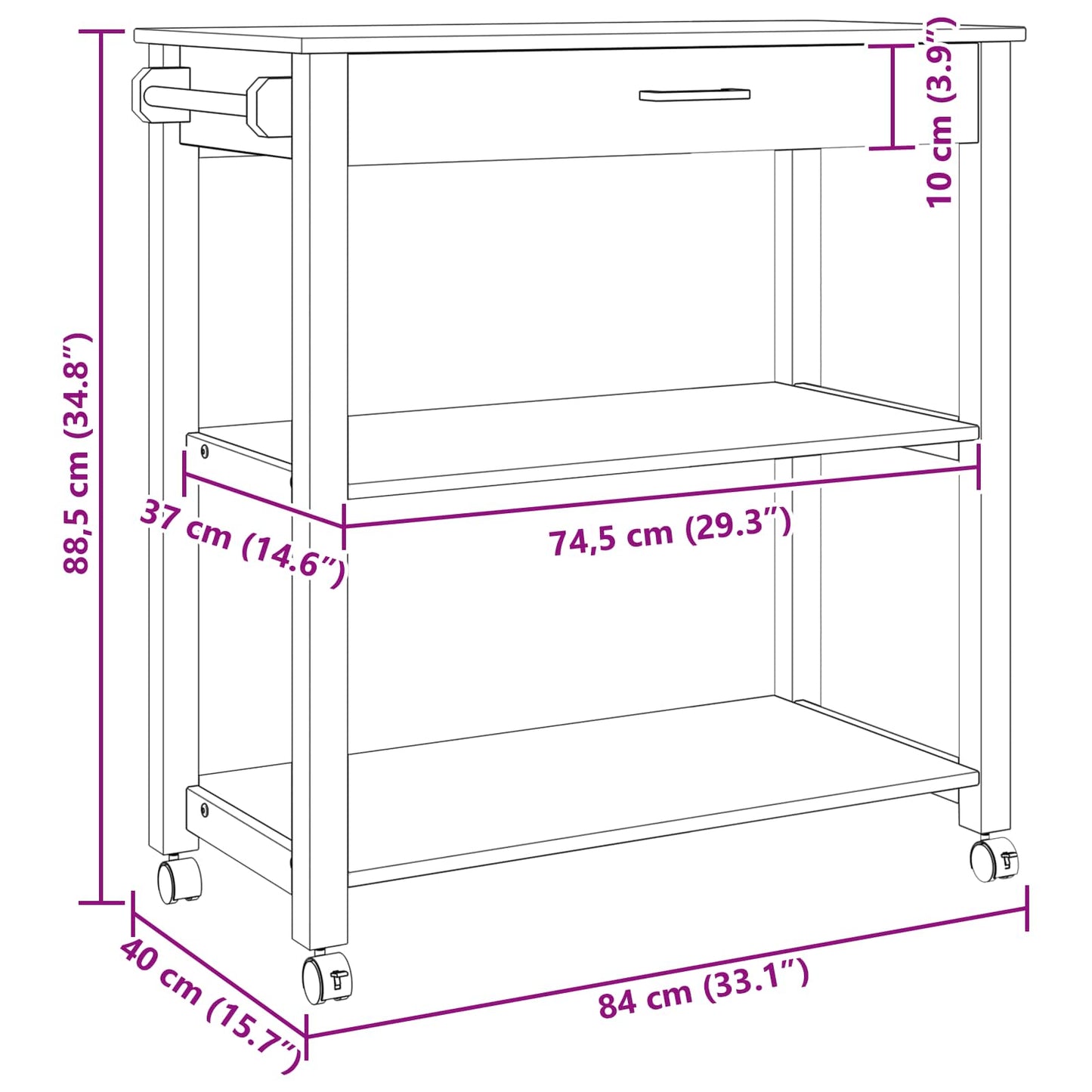 Carrello da Cucina Nero 88,5 x 40 x 48 cm
