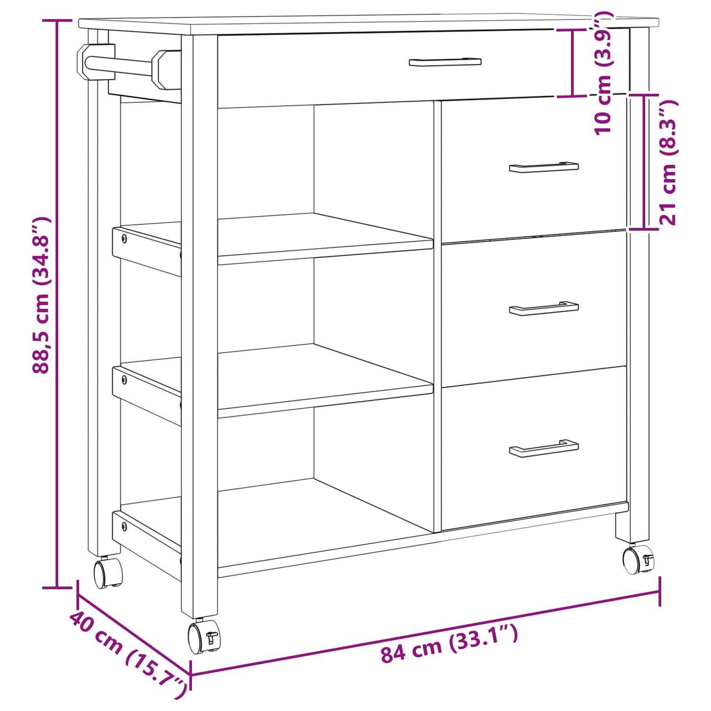Carrello da Cucina Nero 88,5 x 40 x 84 cm