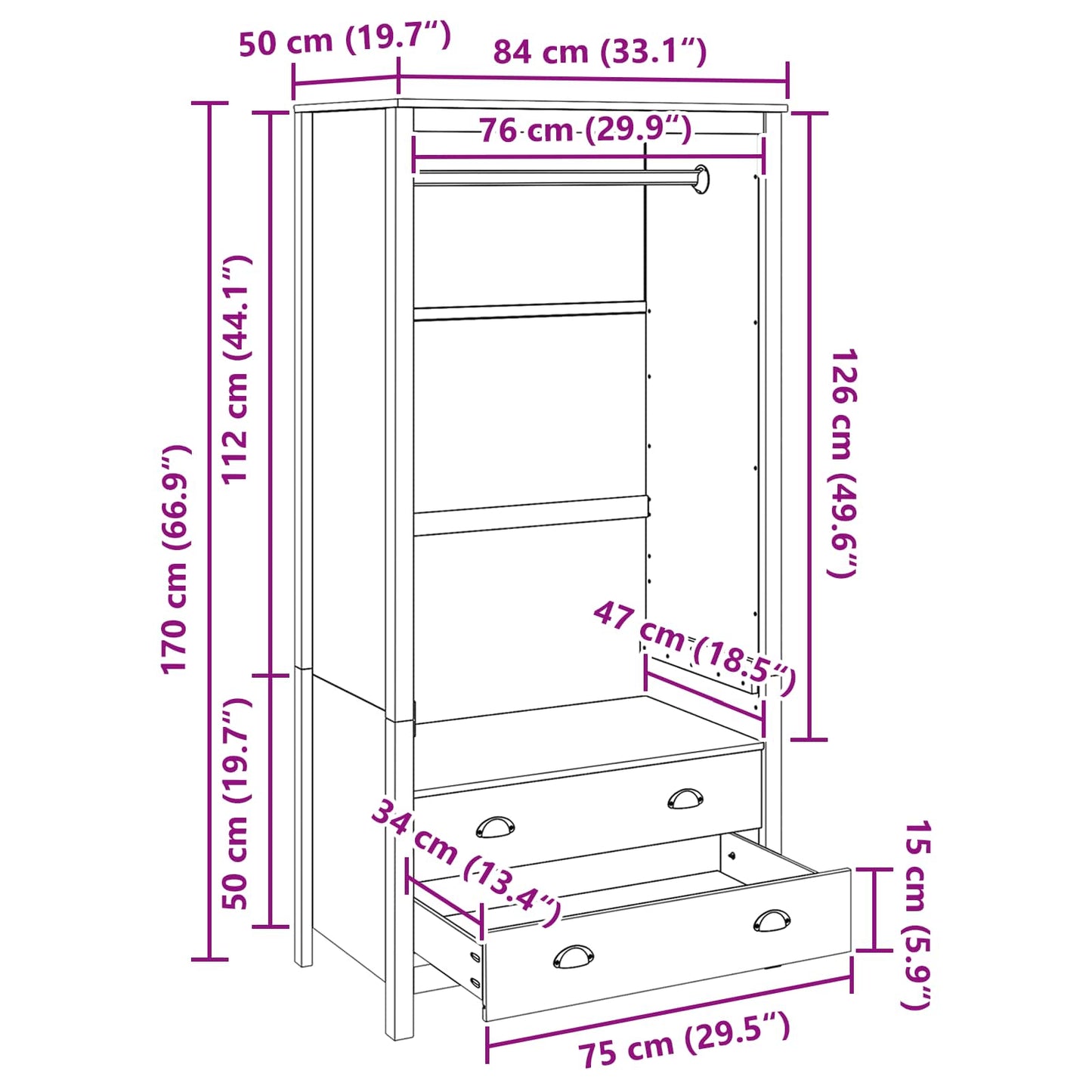 Guardaroba con cassetto HILL Marrone miele 84 x 50 x 170 cm