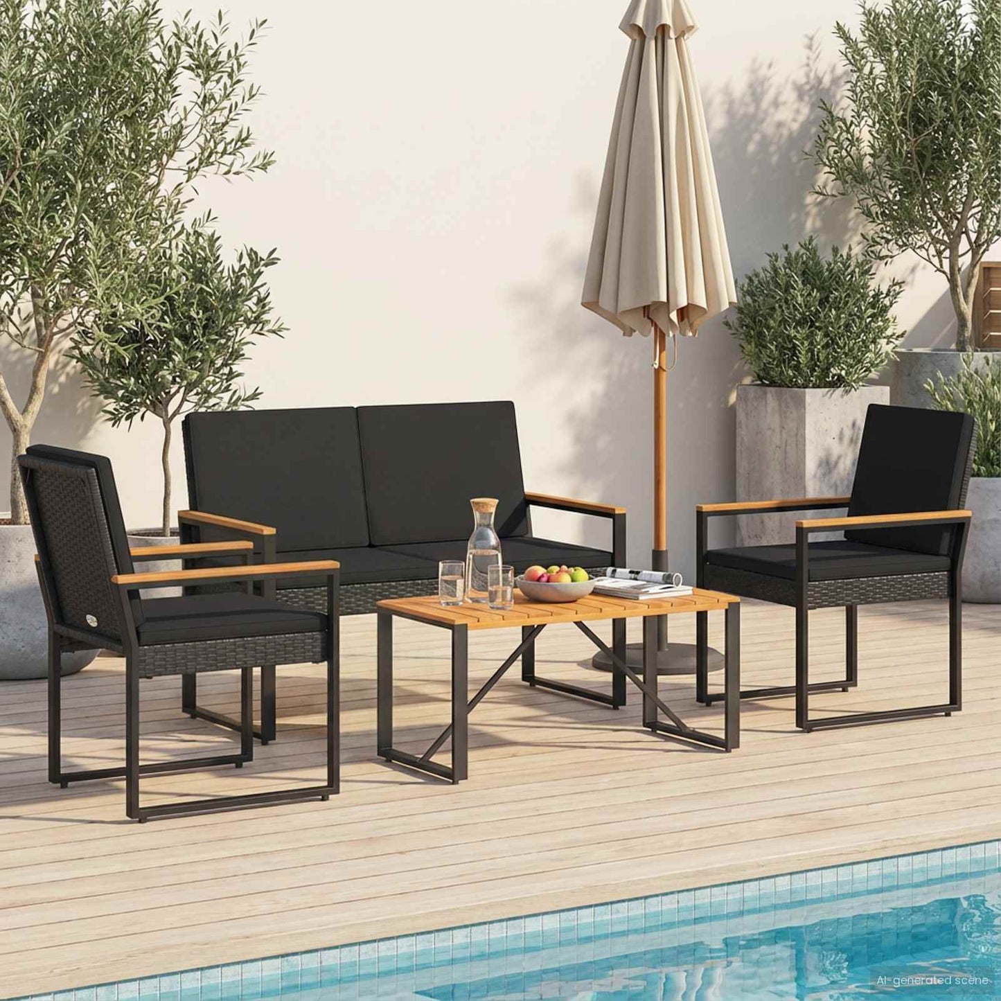 Set Mobili da Esterno con cuscino 4 pcs Nero polyrattan | homemem39