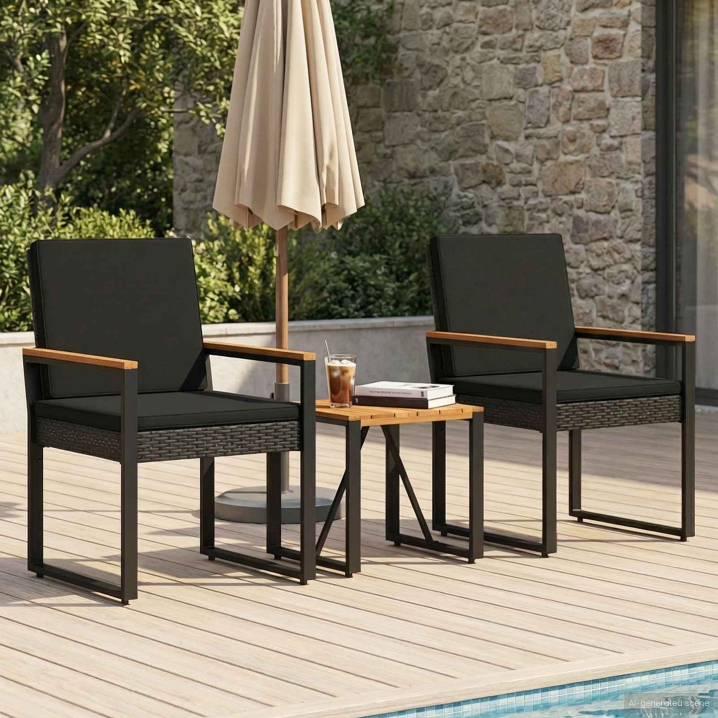 Set Mobili da Esterno con cuscino 3 pcs Nero polyrattan