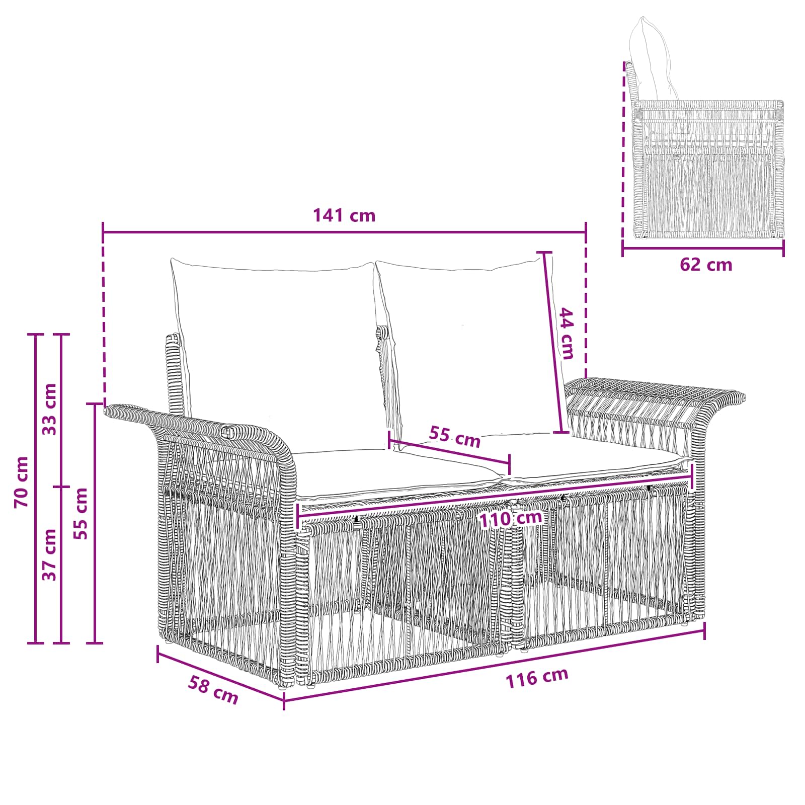 Divano da giardino 2-Numero di posti Nero polyrattan | homemem39