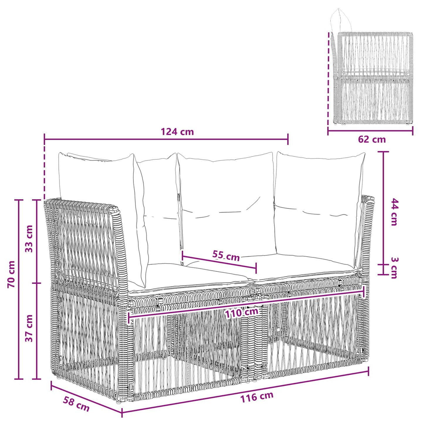 Divano da giardino 2-Numero di posti Grigio polyrattan | homemem39