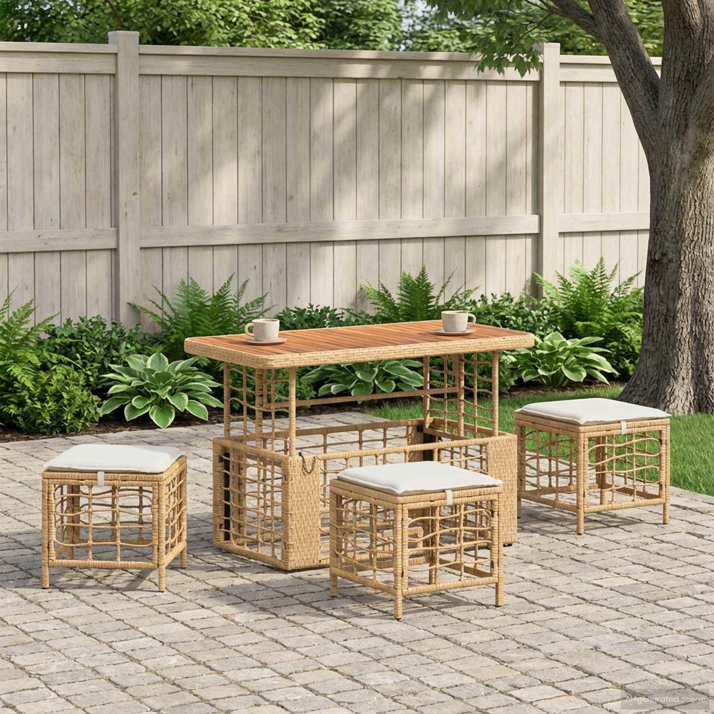 Set da Pranzo per Giardino con cuscino 4 pcs Naturale e Bianco