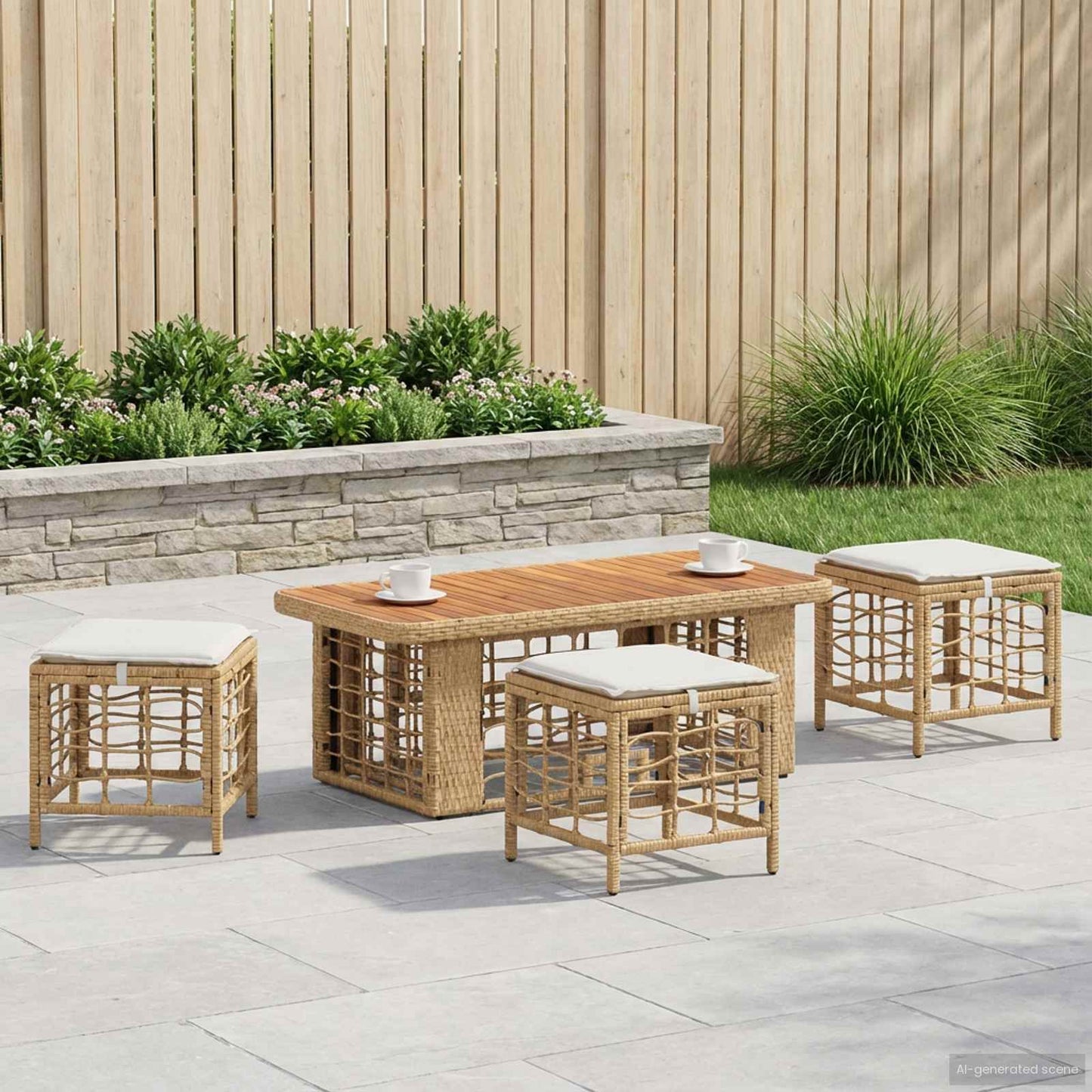 Set da Pranzo per Giardino con cuscino 4 pcs Naturale e Bianco
