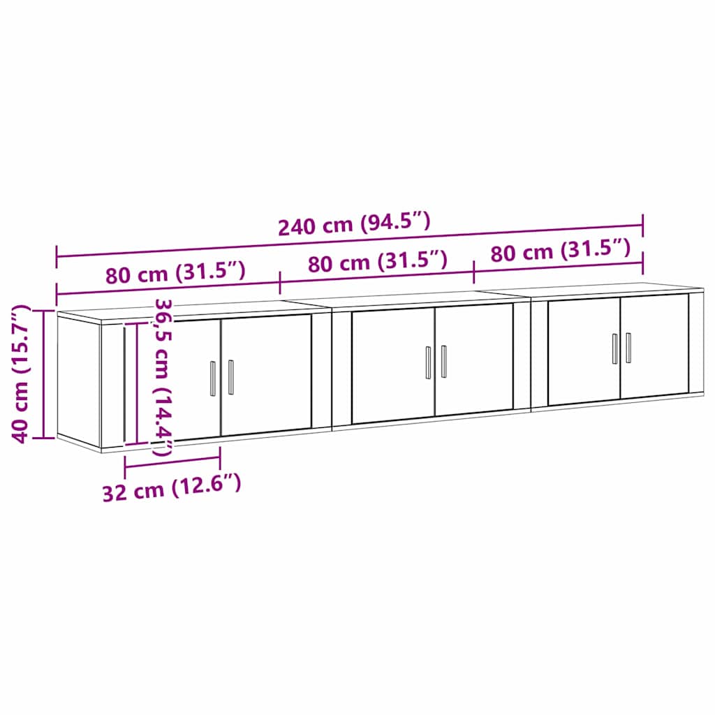 Set Mobile TV da Parete 3 pcs Rovere Nero 80 x 34,5 x 40 cm