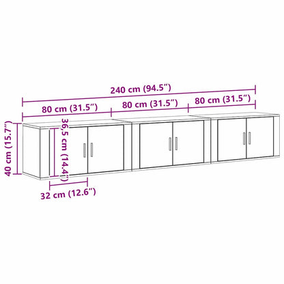 Set Mobile TV da Parete 3 pcs Rovere Nero 80 x 34,5 x 40 cm