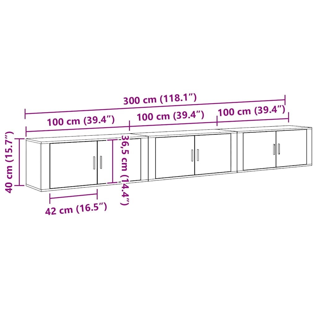 Set Mobile TV da Parete 3 pcs Rovere Nero 100 x 34,5 x 40 cm