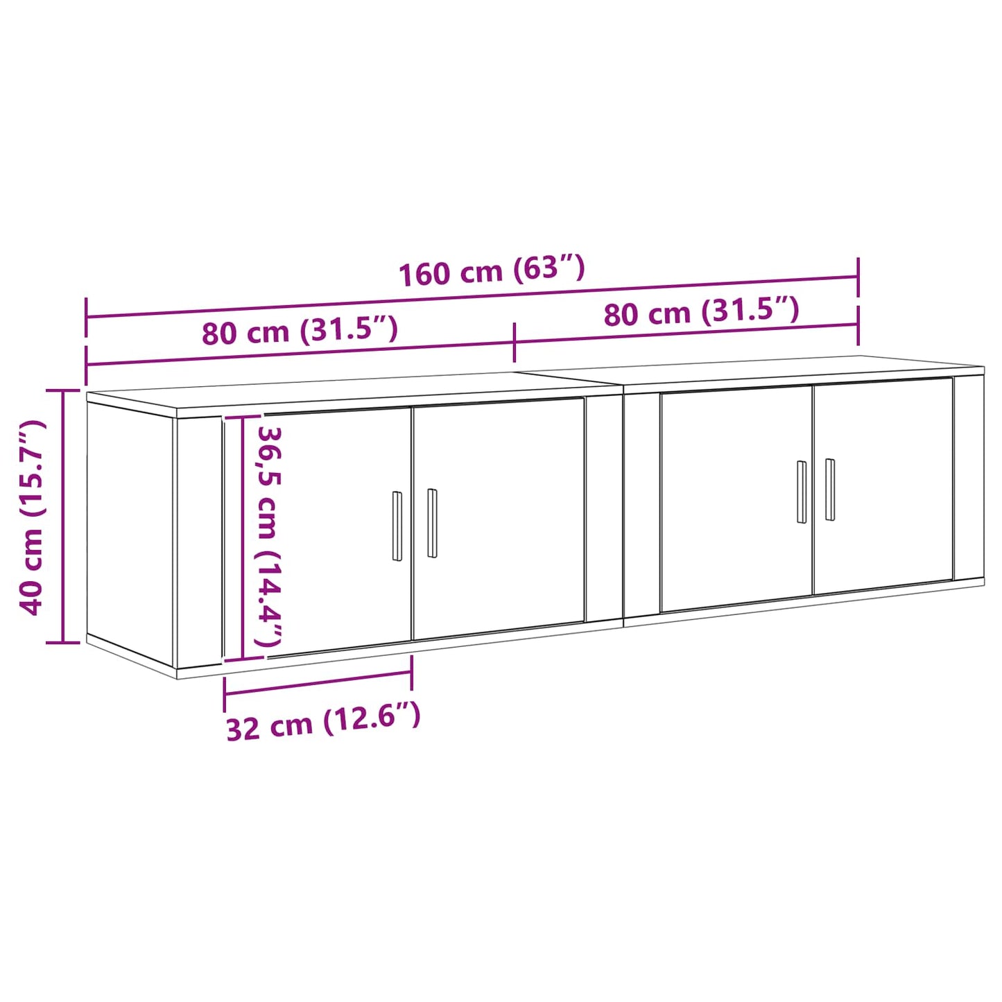 Set Mobile TV da Parete 2 pcs Rovere Nero 80 x 34,5 x 40 cm