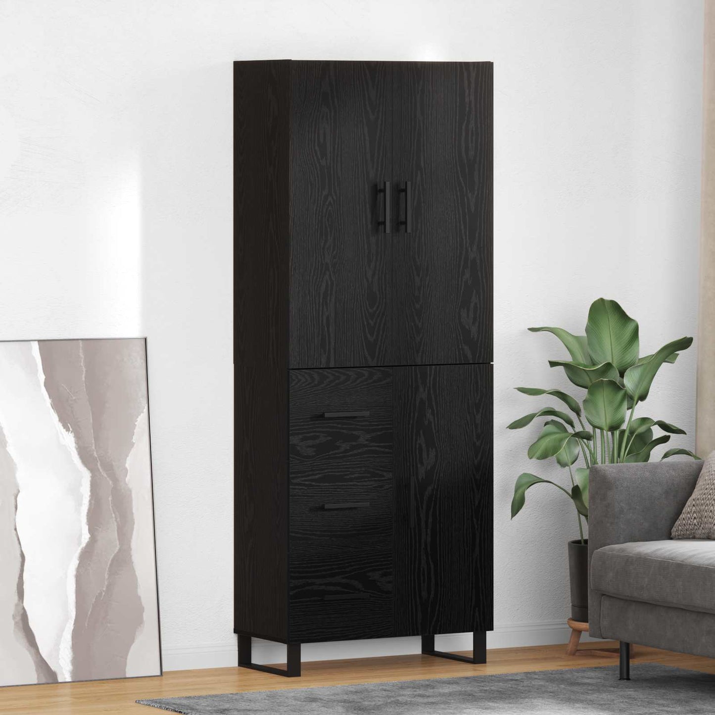 Credenza 2 pcs Rovere Nero Legno Stratificato e Vetro