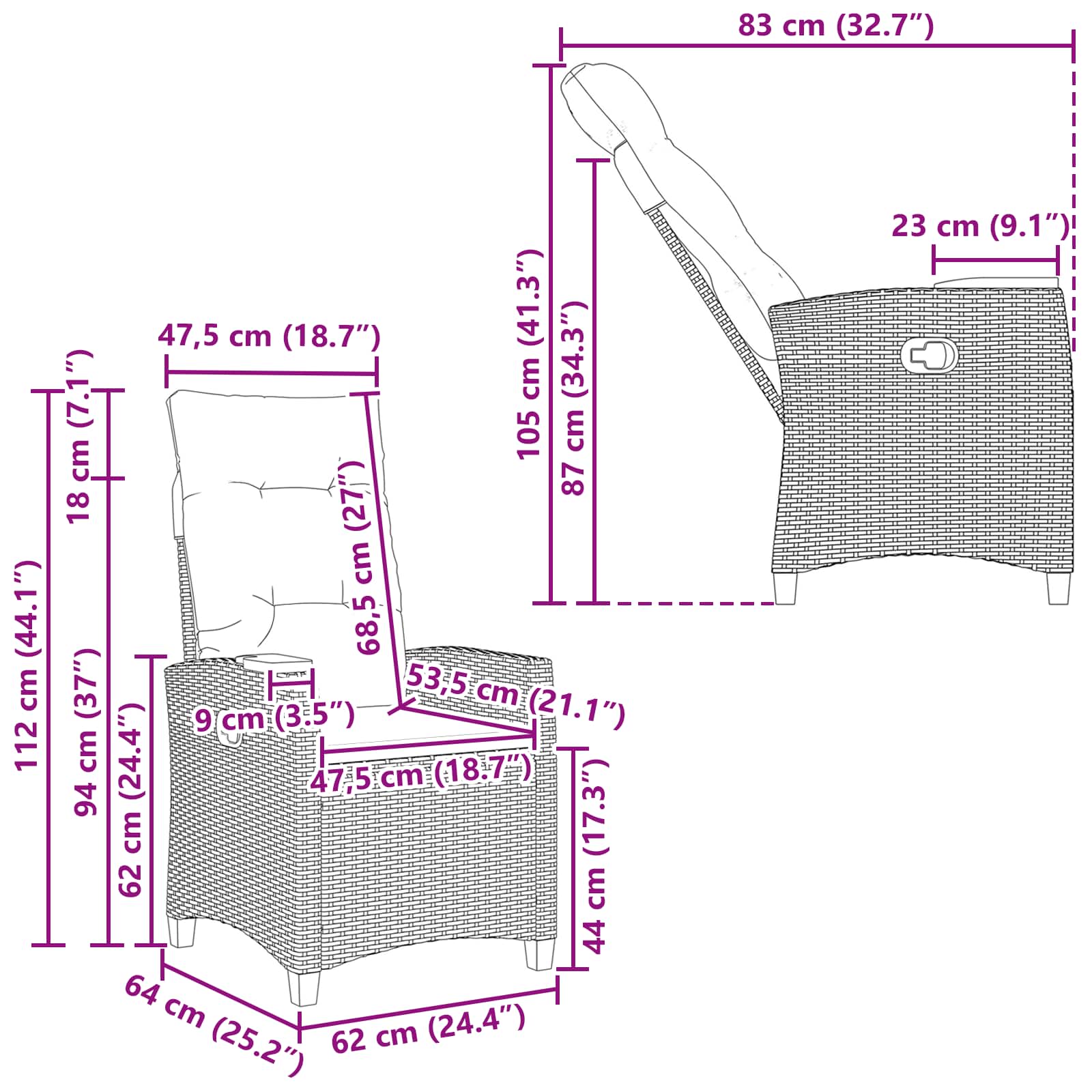 Poltrona reclinabile con tavolino 62 x 64 x 112 cm polyrattan | homemem39
