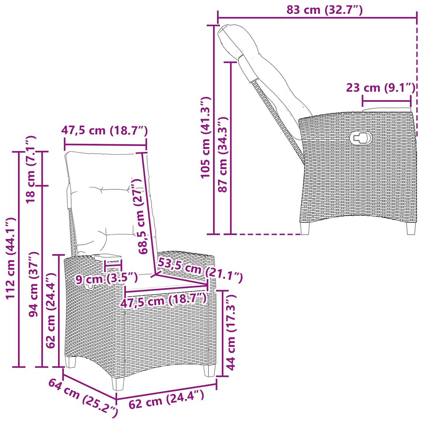 Poltrona reclinabile con tavolino 62 x 64 x 112 cm polyrattan
