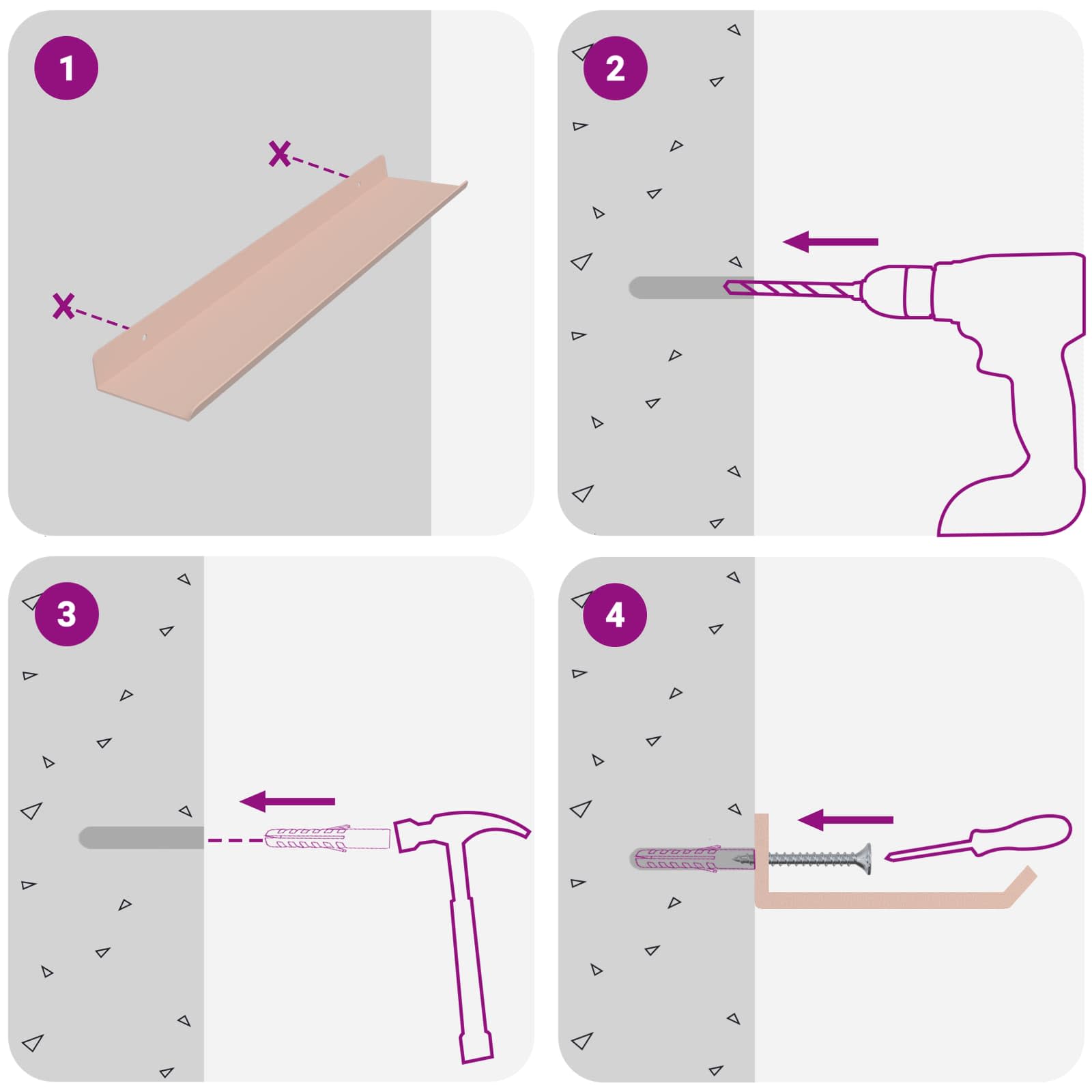 Mensola sospesa 4 pcs Rosa 40 x 8,5 x 2,5 cm Acciaio | homemem39