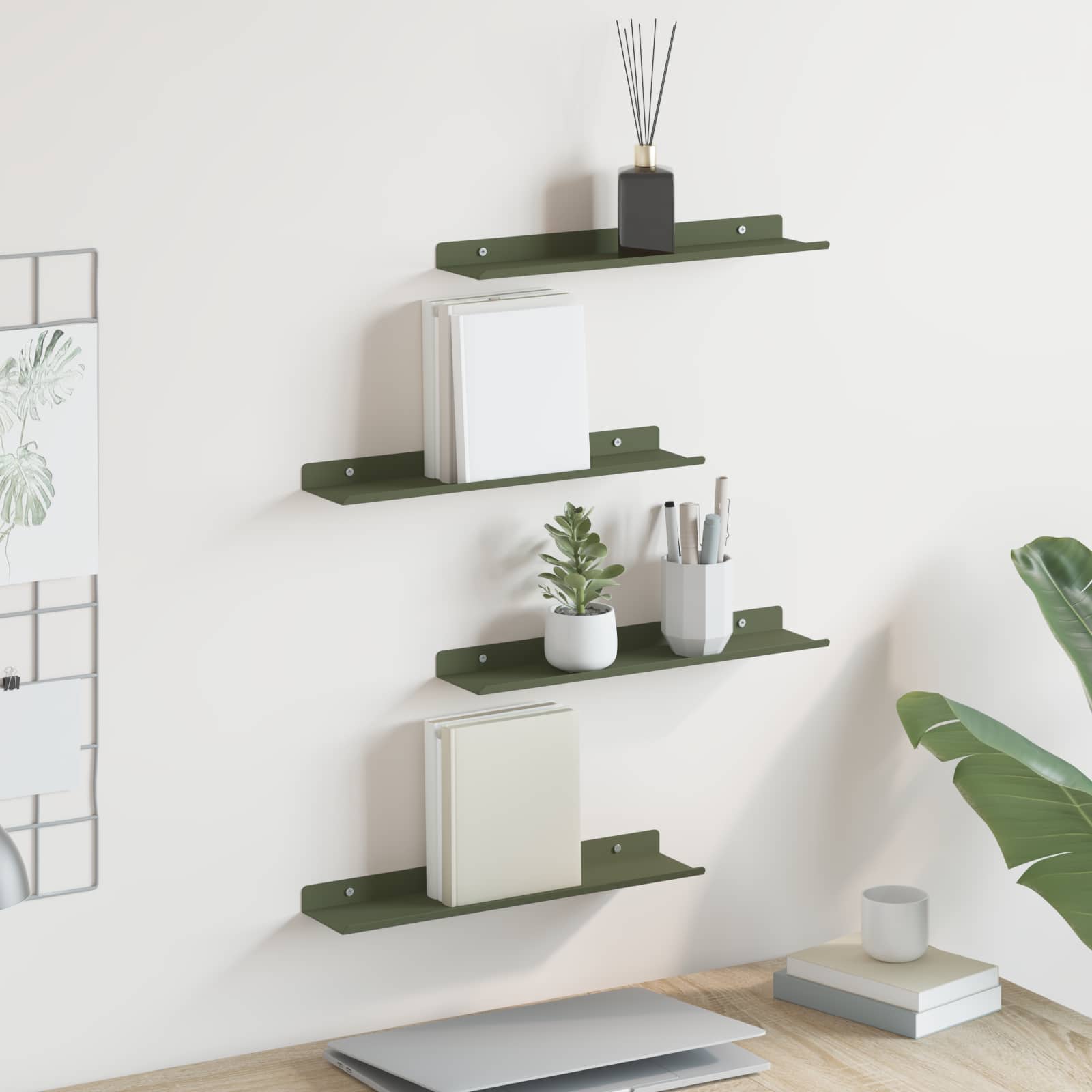 Mensola sospesa 4 pcs Verde oliva 40 x 8,5 x 2,5 cm Acciaio | homemem39