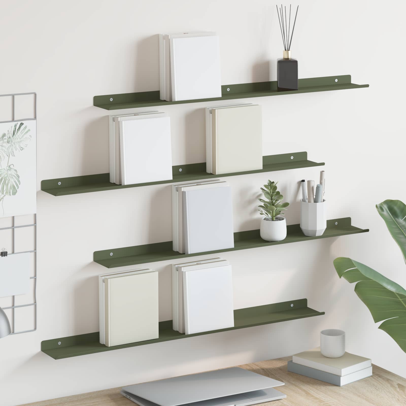 Mensola sospesa 4 pcs Verde oliva 80 x 9 x 2,5 cm Acciaio | homemem39