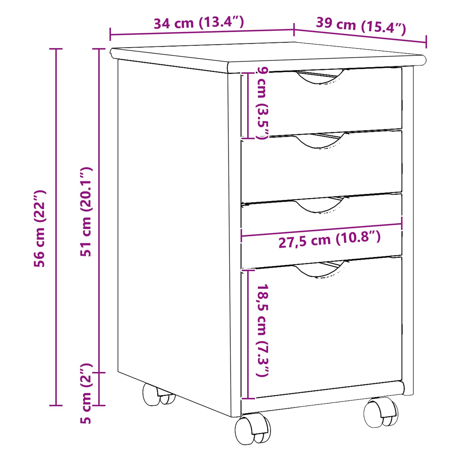 Mobile con Ruote Nero 34 x 39 x 56 cm Legno di pino massiccio | homemem39