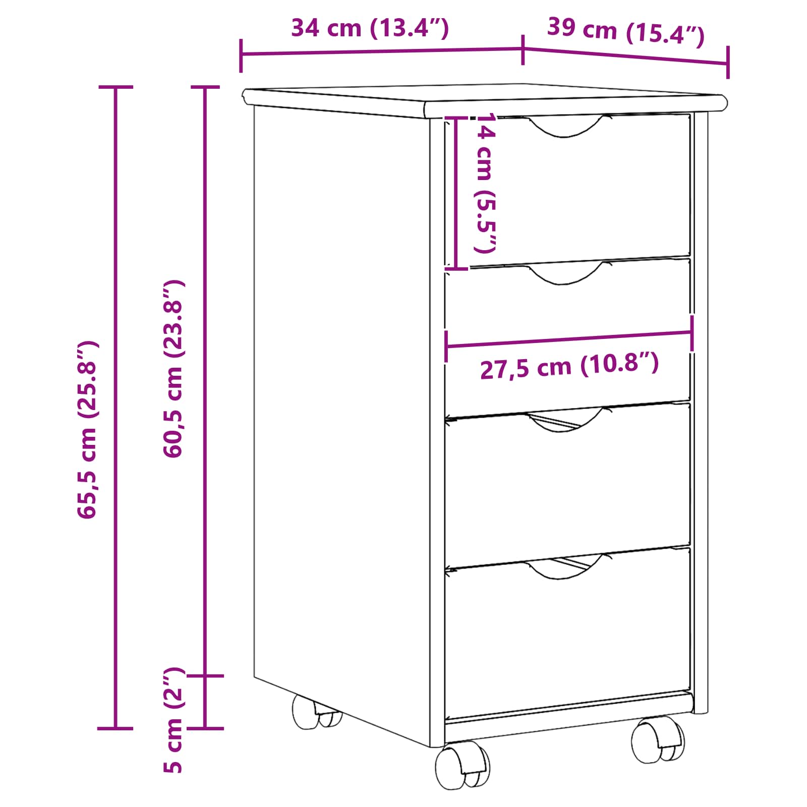 Mobile con Ruote Nero 34 x 39 x 65,5 cm Legno di Pino Massello | homemem39