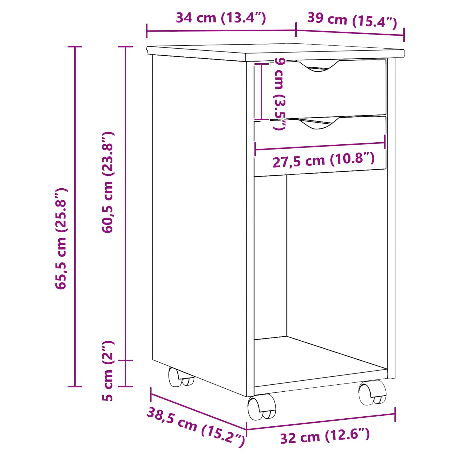 Mobile con Ruote Nero 34 x 39 x 65,5 cm Legno di pino massiccio | homemem39