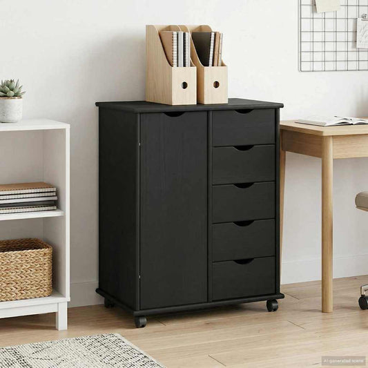 Mobile con Ruote Nero 63,5 x 39 x 79 cm Legno di Pino Massello | homemem39