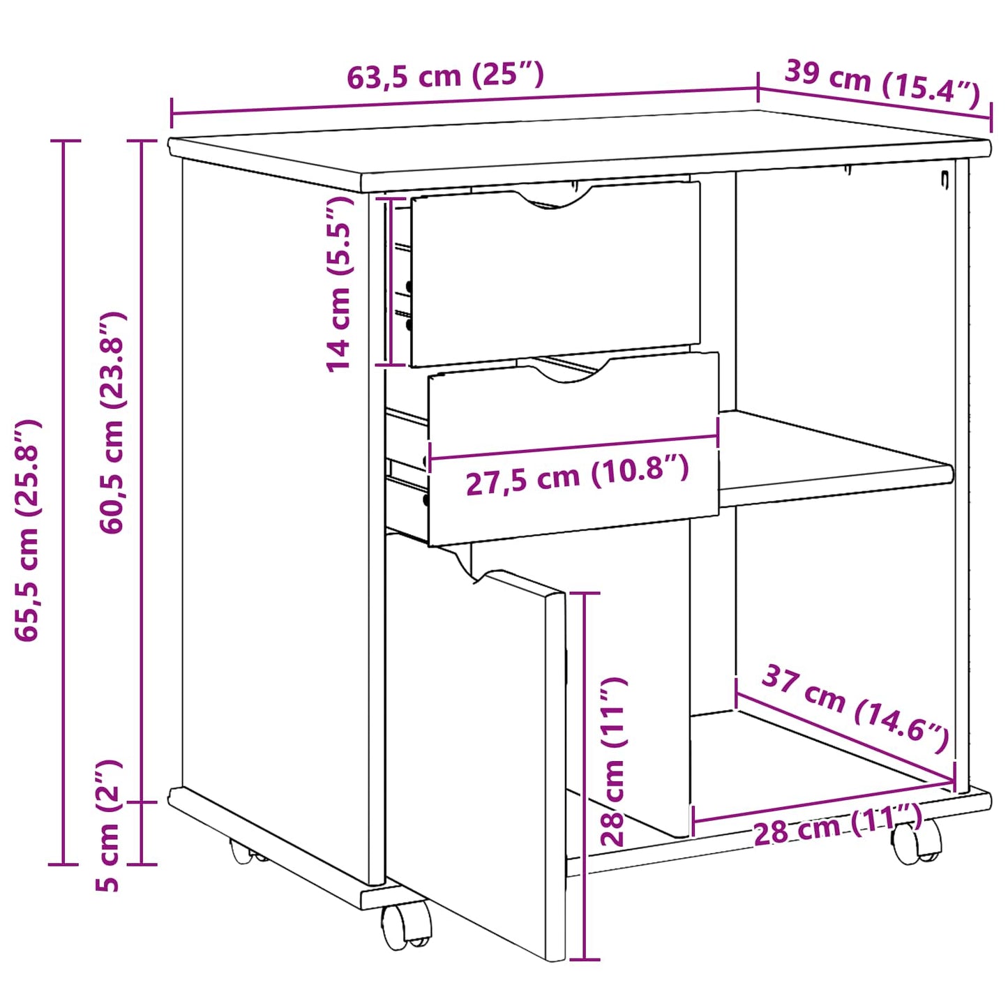 Mobile con Ruote con ruota Nero 63,5 x 39 x 65,5 cm | homemem39